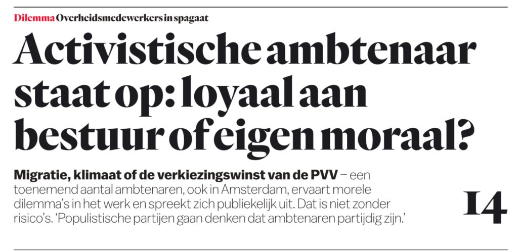 Het Parool 30-11-2023: Activistische ambtenaar staat op. in blog Het belang van bottom-up-communicatie