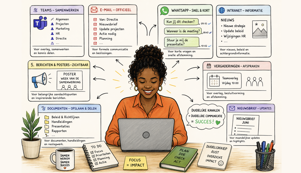 Kanaalstrategie infographic vrouw die lacht en overizcht heeft